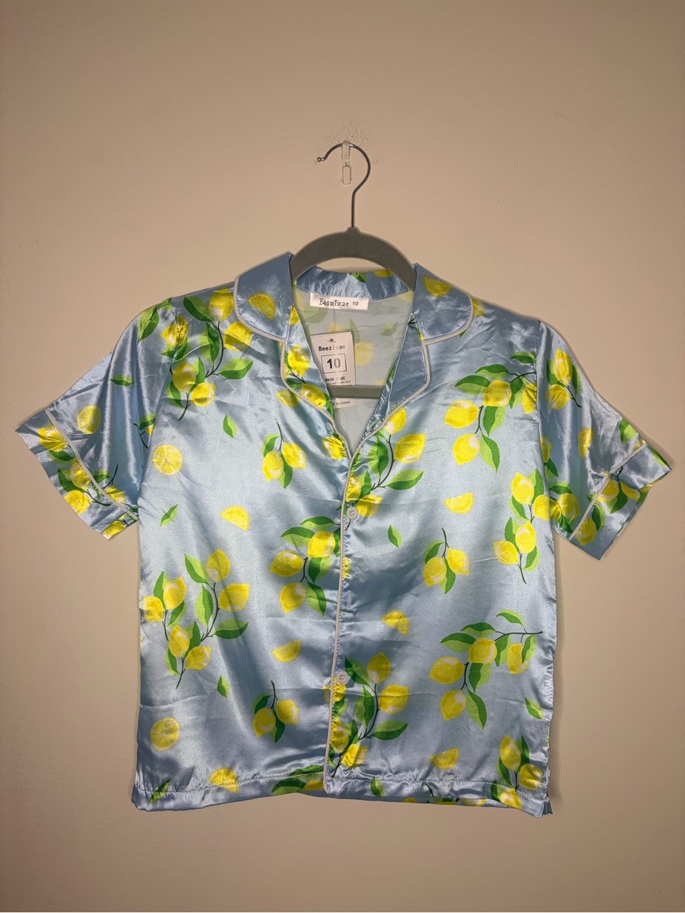 Light Blue Satin Lemon Print Short Sleeve Top